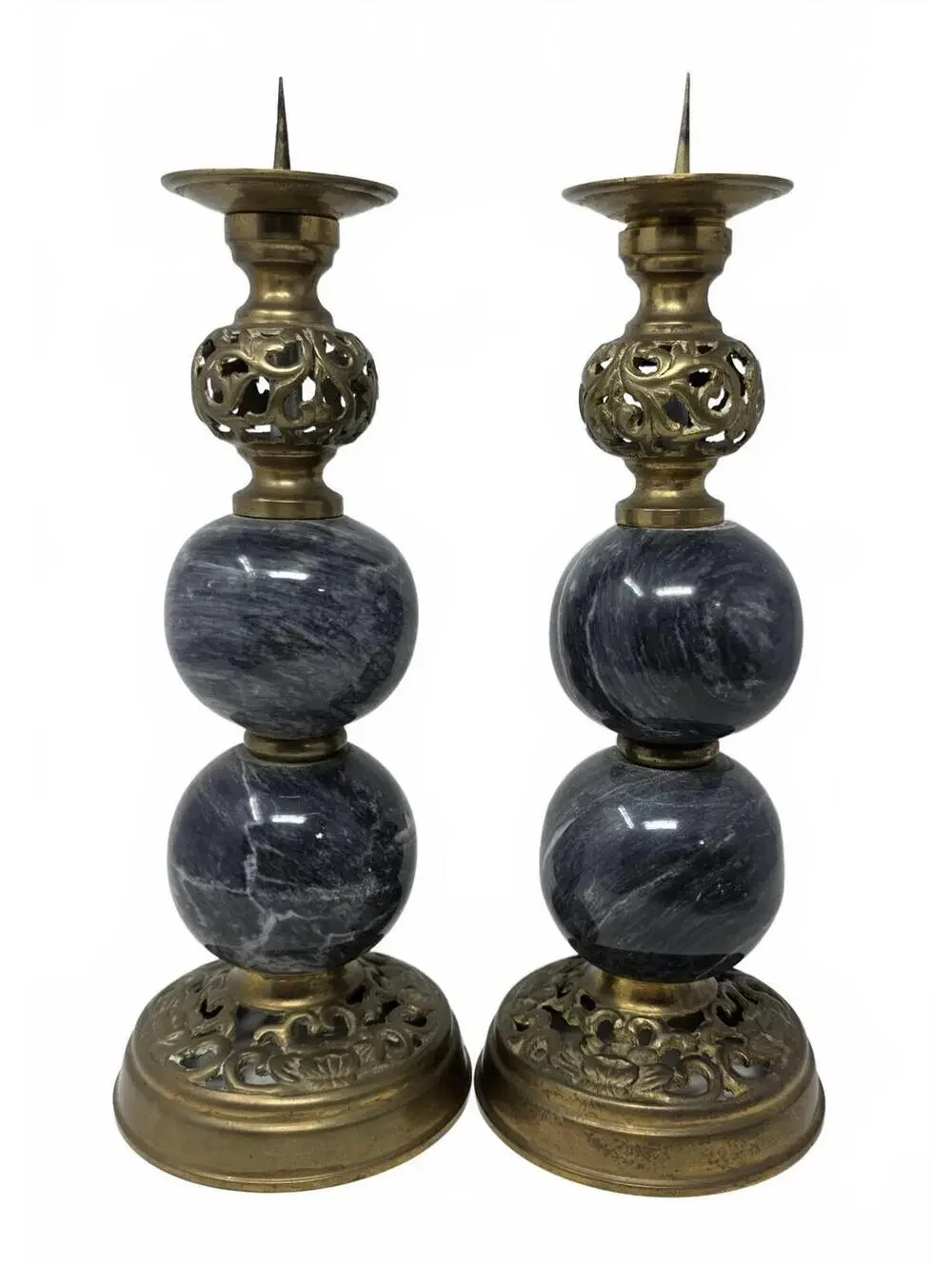 Vintage Indian Brass Marble Pricket Candlesticks Pair 12.25 Inch